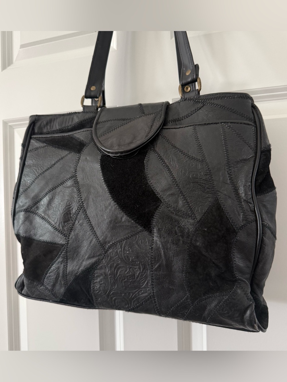 Vintage Genuine Leather Black Patchwork Tote Bag